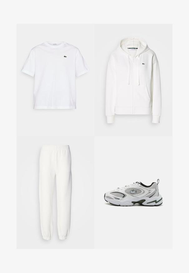 Felpa bianca con zip realizzata in tessuto morbido, dotata di cappuccio, tasche a marsupio e un piccolo logo verde di Lacoste sul lato sinistro del petto.; T-shirt bianco in cotone con scollo rotondo e maniche corte. Caratterizzato da un logo ricamato verde sul petto. Tessuto morbido, vestibilità comoda.; Pantaloni della tuta bianchi realizzati in morbido tessuto lavorato a maglia. La vita e i polsini elasticizzati offrono una vestibilità rilassata. Design minimalista, senza motivi o accenti visibili.; Scarpe sportive bianche con pannelli in rete, dettagli neri e una suola texturizzata. Presentano un design elegante e un logo prominente sul lato.