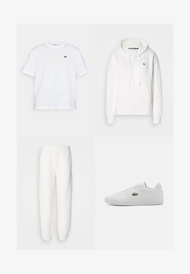 Valkoinen vetoketjuhuppari, joka on valmistettu pehmeästä kankaasta. Tässä hupparissa on huppu, kengurupocketit ja pieni vihreä Lacosten logo vasemmalla rinnalla.; Valkoinen puuvillainen T-paita, jossa on pyöreä pääntie ja lyhyet hihat. Rintataskussa vihreä brodeerattu logo. Pehmeä rakenne, rento istuvuus.; Valkoiset collegehousut, jotka on valmistettu pehmeästä neulottusta kankaasta. Joustava vyötärö ja hihansuut tarjoavat rennon istuvuuden. Minimalistinen muotoilu, ei näkyviä kuvioita tai yksityiskohtia.; Valkoinen nahkainen tenniskenkä, jossa on pyöreä varvas, nauhakiinnitys, vihreä brodeerattu krokotiililogo ja teksturoitu kumipohja.