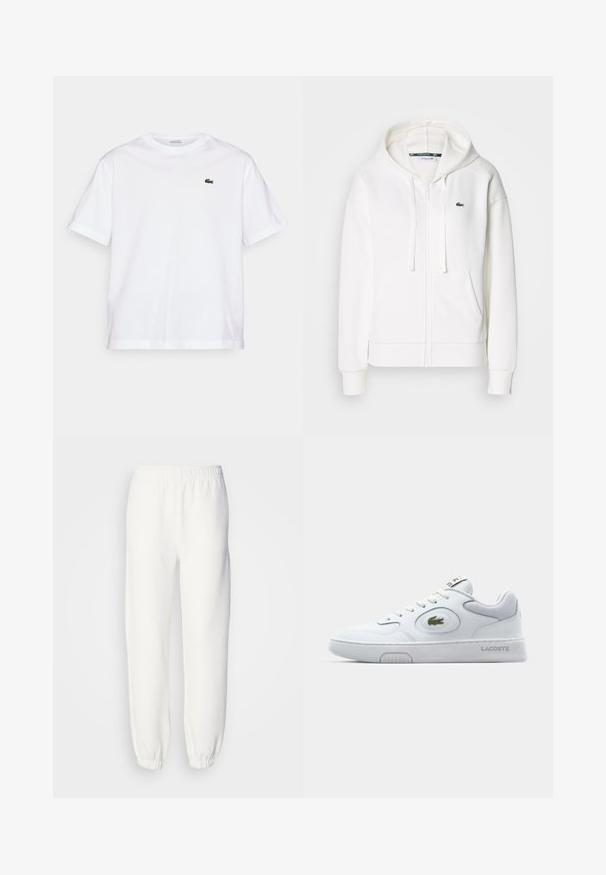 White zip-up hoodie made of soft fabric, featuring a hood, kangaroo pockets, and a small green Lacoste logo on the left chest.; White cotton T-shirt with a round neckline and short sleeves. Features a green embroidered logo on the chest. Soft texture, relaxed fit.; White sweatpants made of soft, knitted fabric. Elastic waistband and cuffs provide a relaxed fit. Minimalist design, no visible patterns or accents.; White sneaker with synthetic upper, round toe, and perforated accents. Features a green embroidered logo, flat laces, and textured outsole.