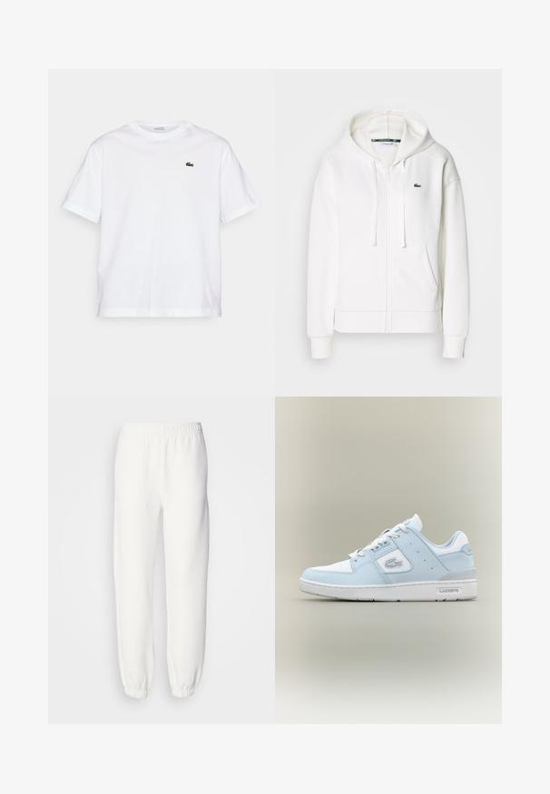 Hvid zip hoodie lavet af blødt stof, med hætte, kængurulommer og et lille grønt Lacoste-logo på venstre bryst.; Hvid bomulds T-shirt med rund halsudskæring og korte ærmer. Har et grønt broderet logo på brystet. Blød tekstur, afslappet pasform.; Hvide sweatpants lavet af blød, strikket stof. Elastisk talje og manchetter giver en afslappet pasform. Minimalistisk design, ingen synlige mønstre eller accenter.; Lyseblå lædersneaker med hvide accenter, rund tå, tekstureret panel på siden og en grå hæl. Har klassisk snørelukning.