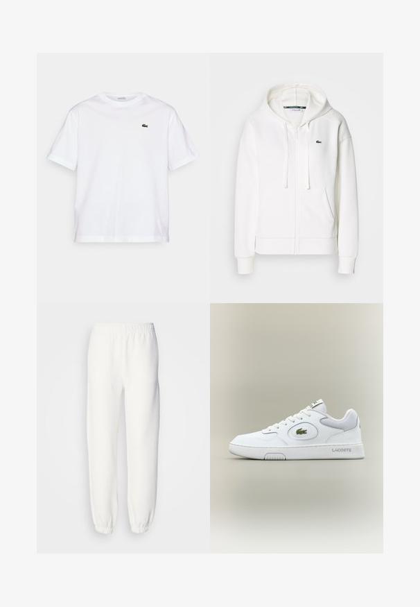 Witte zip-up hoodie gemaakt van zachte stof, met een capuchon, kangoeroezakken en een klein groen Lacoste-logo op de linkerborst.; Witte katoenen T-shirt met een ronde hals en korte mouwen. Bevat een groen geborduurd logo op de borst. Zachte textuur, losse pasvorm.; Witte sweatpants van zacht, gebreid materiaal. De elastische tailleband en boorden zorgen voor een ontspannen pasvorm. Minimalistisch ontwerp, zonder zichtbare patronen of accenten.; Witte leren sneaker met gaasaccenten, ronde neus en platte veters. Kenmerkt zich door een groen krokodillenlogo en "LACOSTE" branding op de hiel.
