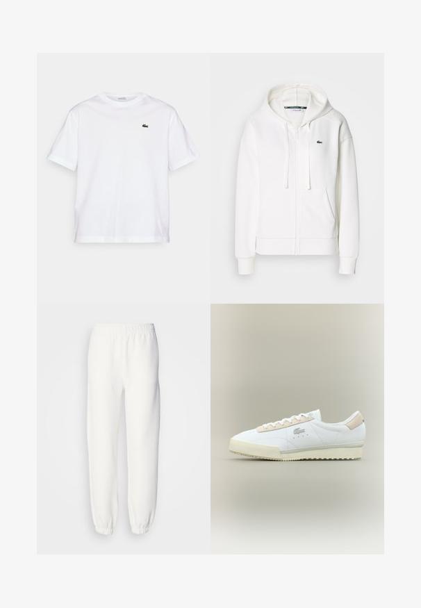 Hvid zip hoodie lavet af blødt stof, med hætte, kængurulommer og et lille grønt Lacoste-logo på venstre bryst.; Hvid bomulds T-shirt med rund halsudskæring og korte ærmer. Har et grønt broderet logo på brystet. Blød tekstur, afslappet pasform.; Hvide sweatpants lavet af blød, strikket stof. Elastisk talje og manchetter giver en afslappet pasform. Minimalistisk design, ingen synlige mønstre eller accenter.; Hvide lædersneakers med en beige ruskindsdetalje. Har en rund tå, flade snørebånd og en tekstureret sål. Lacoste-logo på siden.