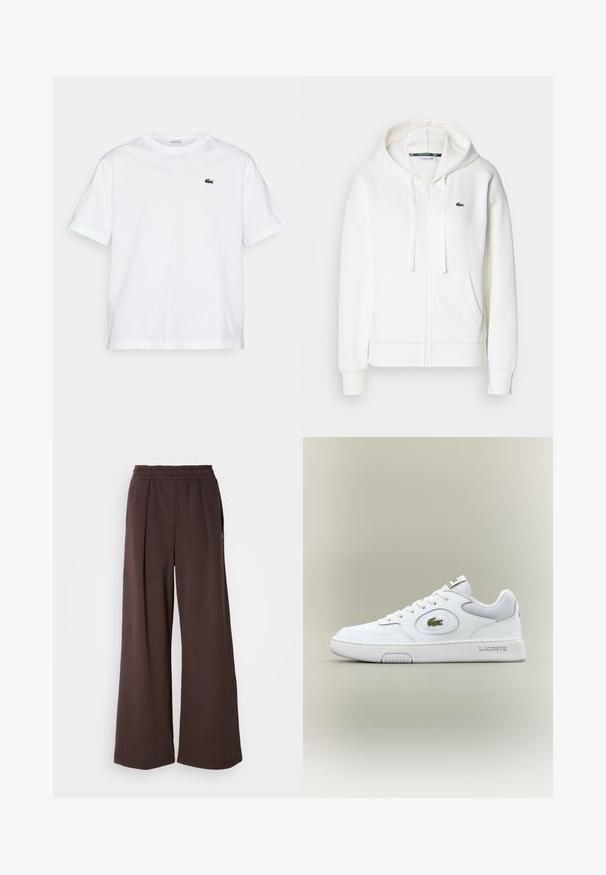 Sweatshirt branca com fecho éclair, feita de um tecido macio, com capuz, bolsos tipo canguru e um pequeno logótipo verde da Lacoste no lado esquerdo do peito.; T-shirt de algodão branco com decote redondo e mangas curtas. Apresenta um logotipo bordado verde no peito. Textura suave, ajuste relaxado.; Calças largas castanhas com um cós elástico e bolsos laterais. Feitas de um tecido macio com uma textura suave e um design limpo e simples.; Sapatilha de couro branco com detalhes em malha, bico redondo e atacadores planos. Apresenta um logo de crocodilo verde e a marca "LACOSTE" no calcanhar.