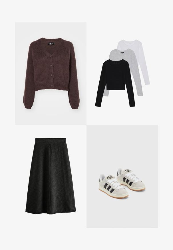 Brun strikket cropped cardigan med V-udskæring, seks knapper foran og ribbede manchetter og kant. Blød tekstur med løs pasform.; Tre langærmede toppe stablet: sort, grå og hvid. Hver har en rund halsudskæring og et cropped design med glat, let stof.; Sort striknederdel med en flagrende design, struktureret stof, længde til midt på læggen og elastisk talje. Ingen lommer eller pynt.; Grå ruskinds sneakers med hvide snørebånd, sorte striber og en hvid gummisål. Har et rundt logo på tungen og en gummisål.