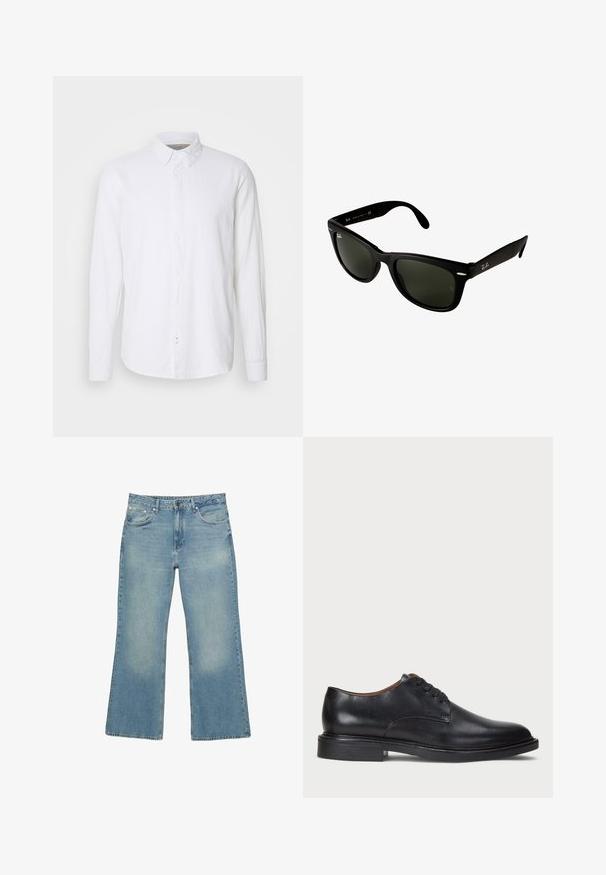 Mörkblå zip hoodie i bomullsmix, med foder i huvan, två framfickor och gul tryckt text med palmträdsmotiv.; Vit långärmad skjorta med knappar i linne. Har klassisk krage, framknäppning med knappar och rak fåll.; Ljusblå denimbyxor med vida ben, fem fickor, knappstängning och subtila blekningar, med rå fåll och robust sömnad.; Svart läderklänningsko med rund tå, snörning och låg staplad klack. Slät yta med minimala sömdetaljer.; Svarta plastsolglasögon med mörkgröna linser. Fyrkantig ramdesign med silverdetaljer och en präglad logotyp på skalmen.