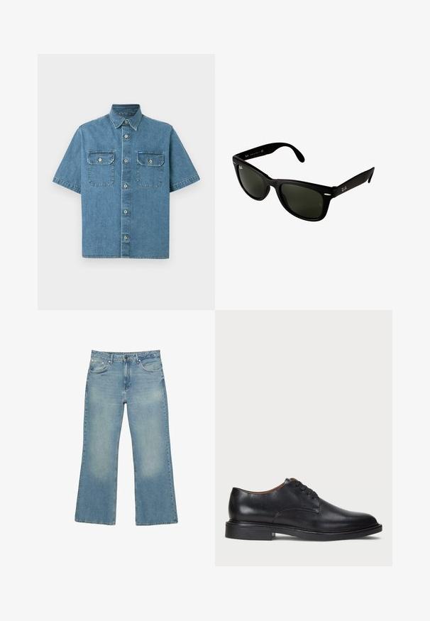 Granatowy, rozpinany hoodie wykonany z mieszanki bawełny, z podszewką kapuzy, dwoma przednimi kieszeniami oraz żółtym nadrukiem z motywem palmy.; Koszula denimowa z krótkim rękawem, jasnoniebieska, z dwiema kieszeniami na piersi z zapięciem na guziki, kołnierzykiem w kształcie trójkąta i zapięciem na guziki z przodu.; Biała, długosajtowa koszula henley z trzema guzikami i okrągłym dekoltem, prezentowana na jednolitym białym tle.; Jasnoniebieskie dżinsy typu wide-leg z pięcioma kieszeniami, z zapięciem na guzik i subtelnym wyblaknięciem, charakteryzujące się surowym dołem i mocnym przeszyciem.; Czarne skórzane buty wizytowe z okrągłym noskiem, sznurowanym zapięciem i niskim, warstwowym obcasem. Gładka faktura z minimalnymi detalami stębnowania.; Czarne plastikowe okulary przeciwsłoneczne z ciemnozielonymi soczewkami. Kwadratowy kształt oprawek z metalicznymi akcentami i wytłoczonym logo na zauszniku.