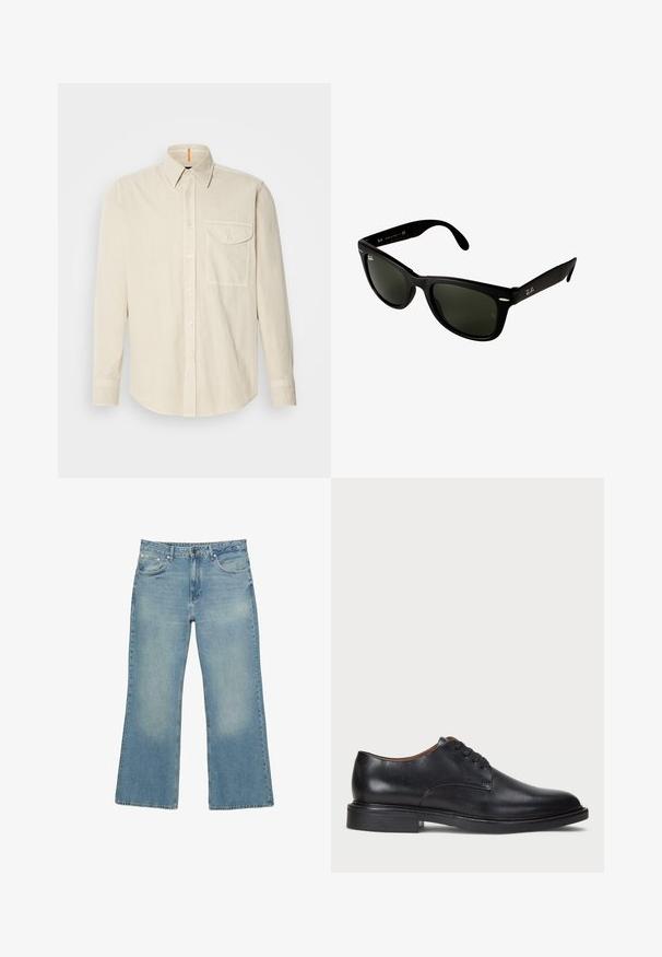 Felpa con zip blu navy realizzata in misto cotone, dotata di cappuccio foderato, due tasche frontali e testo stampato giallo con design di palma.; Camicia beige a maniche lunghe in un tessuto morbido e testurizzato. Caratterizzata da un colletto a punta con bottoni, una patta frontale con bottoni e una tasca sul petto sinistro.; Jeans ampi in denim blu chiaro con cinque tasche, chiusura con bottone e lieve sfumatura, caratterizzati da orlo grezzo e cuciture resistenti.; Scarpa da uomo in pelle nera con punta rotonda, design con lacci e tacco basso impilato. Texture liscia con dettagli di cucitura minimi.; Occhiali da sole in plastica nera con lenti verde scuro. Il design della montatura quadrata presenta dettagli argentati e un logo in rilievo sulla tempia.
