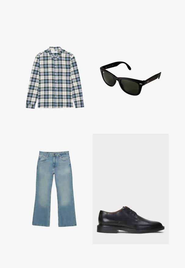 Mörkblå zip hoodie i bomullsmix, med foder i huvan, två framfickor och gul tryckt text med palmträdsmotiv.; Grön och vit rutig skjorta med blå detaljer, med en knapp-ned krage, långa ärmar och en bröstficka. Tillverkad av mjukt tyg.; Ljusblå denimbyxor med vida ben, fem fickor, knappstängning och subtila blekningar, med rå fåll och robust sömnad.; Svart läderklänningsko med rund tå, snörning och låg staplad klack. Slät yta med minimala sömdetaljer.; Svarta plastsolglasögon med mörkgröna linser. Fyrkantig ramdesign med silverdetaljer och en präglad logotyp på skalmen.