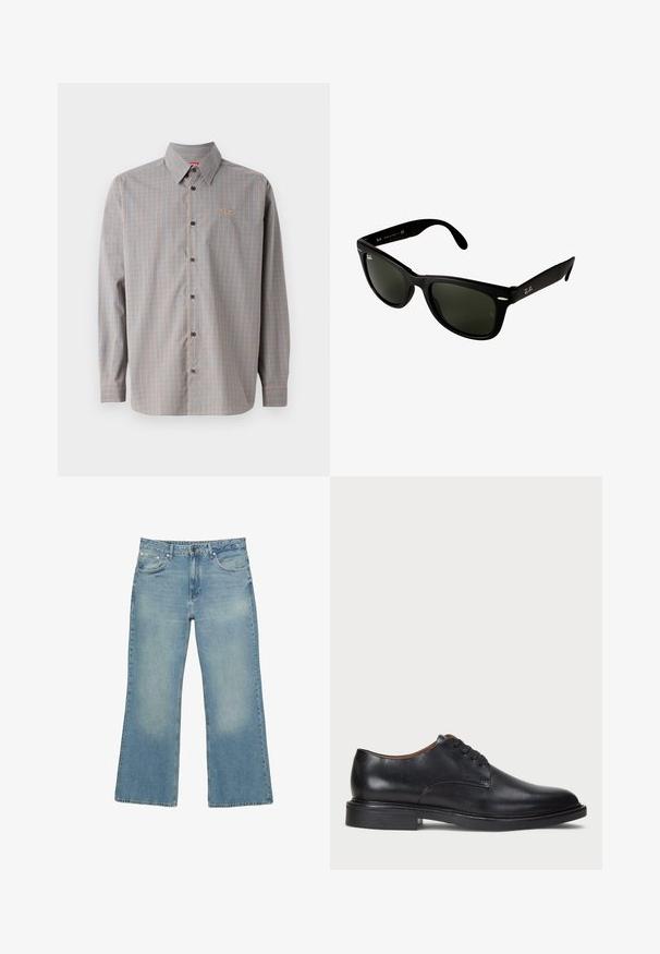 Námořnická modrá mikina s kapucí na zip vyrobená z bavlněné směsi, s podšívkou v kapuci, dvěma předními kapsami a žlutým potiskem s designem palmy.; Košile na knoflíky s modro-oranžovým kostkovaným vzorem, dlouhé rukávy, s špičatým límcem a malým logem na kapsičce na hrudi.; Světlé modré džíny s širokými nohavicemi, pěti kapsami, zapínáním na knoflík a jemným vyblednutím, s raw lemem a pevným šitím.; Černé kožené společenské boty s kulatou špičkou, šněrováním a nízkým podpatkem. Hladký povrch s minimálním šitím.; Černé plastové sluneční brýle s tmavě zelenými čočkami. Rám čtvercového tvaru s stříbrnými akcenty a vyraženým logem na spánkové straně.