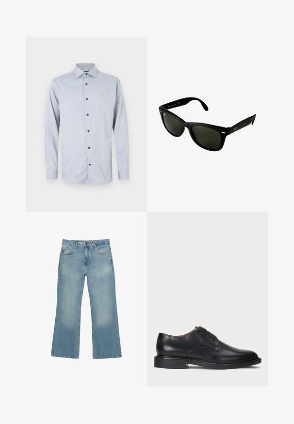 Marineblauwe ritshoodie gemaakt van een katoenmix, met een gevoerde capuchon, twee voorzakken en gele geprinte tekst met een palmbomenontwerp.; Lichtblauw shirt met lange mouwen en een subtiel gestructureerd patroon, voorzien van een klassieke kraag en donkere knopen aan de voorkant.; Lichtblauwe denim wijde jeans met vijf zakken, knoopsluiting en subtiele vervaging, met een ruwe zoom en stevige stiksels.; Zwart leren dresschoen met een ronde neus, vetersluiting en een lage gestapelde hak. Gladde textuur met minimale stiksels.; Zwarte kunststof zonnebril met donkergroene lenzen. Het vierkante frameontwerp heeft zilveren accenten en een reliëflogo op de poot.