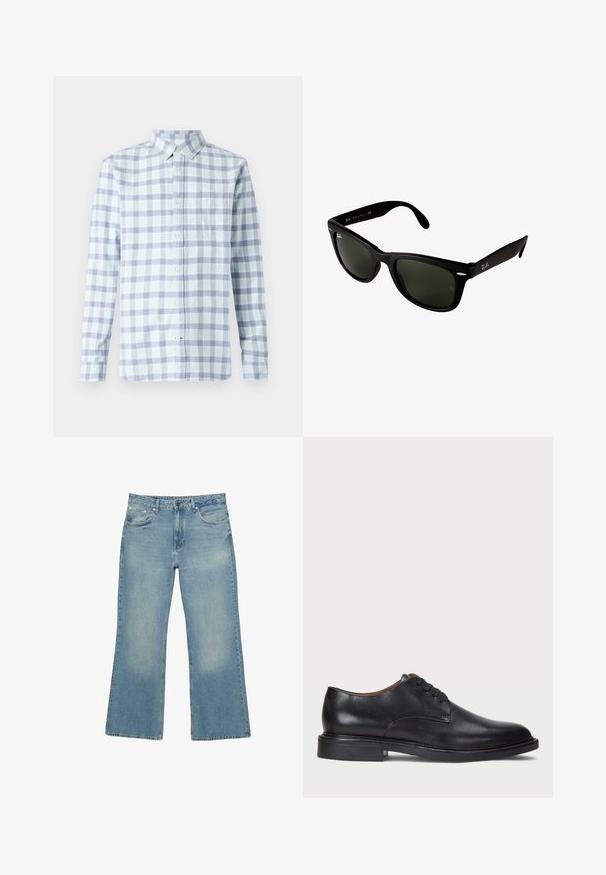 Navyblauer Reißverschluss-Hoodie aus Baumwollmischung mit gefütterter Kapuze, zwei Fronttaschen und gelb bedrucktem Text mit einem Palmenmotiv.; Hellblau und lavendelfarben kariertes Hemd, mit Button-Down-Kragen, langen Ärmeln, Brusttasche, aus Baumwollstoff, im lässigen Design.; Helle blaue Denim-Jeans mit weitem Bein, fünf Taschen, Knopfverschluss und subtilen Ausbleichungen, mit einem rohen Saum und robusten Nähten.; Schwarze Lederdressschuhe mit runder Zehenform, Schnürdesign und niedrigem gestapeltem Absatz. Glatte Textur mit minimalen Nähten.; Schwarze Kunststoffsonnenbrille mit dunkelgrünen Gläsern. Das quadratische Rahmendesign verfügt über silberne Akzente und ein geprägtes Logo an den Bügeln.