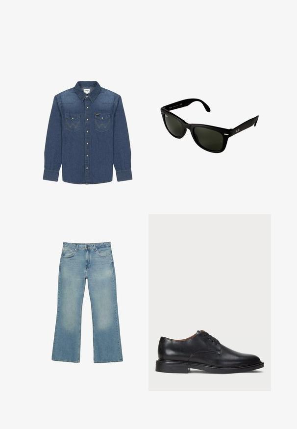 Navyblauer Reißverschluss-Hoodie aus Baumwollmischung mit gefütterter Kapuze, zwei Fronttaschen und gelb bedrucktem Text mit einem Palmenmotiv.; Dunkelblaue Jeanshemd mit einem Button-Down-Kragen, zwei Brusttaschen mit kontrastierenden Nähten und langen Ärmeln mit Knopfärmeln.; Helle blaue Denim-Jeans mit weitem Bein, fünf Taschen, Knopfverschluss und subtilen Ausbleichungen, mit einem rohen Saum und robusten Nähten.; Schwarze Lederdressschuhe mit runder Zehenform, Schnürdesign und niedrigem gestapeltem Absatz. Glatte Textur mit minimalen Nähten.; Schwarze Kunststoffsonnenbrille mit dunkelgrünen Gläsern. Das quadratische Rahmendesign verfügt über silberne Akzente und ein geprägtes Logo an den Bügeln.