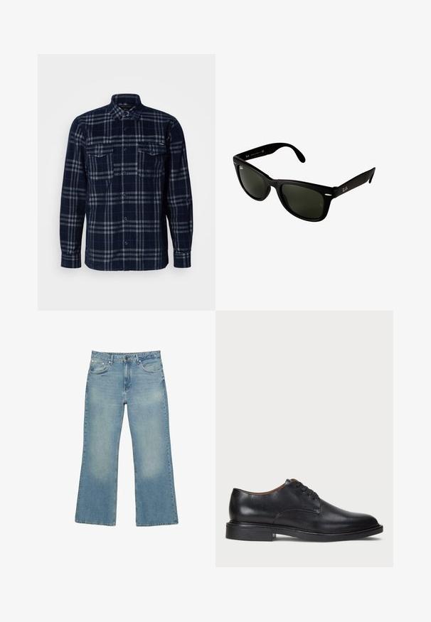 Marineblauwe ritshoodie gemaakt van een katoenmix, met een gevoerde capuchon, twee voorzakken en gele geprinte tekst met een palmbomenontwerp.; Marineblauwe overhemd met knoopsluiting en grijs geruit patroon, twee borstzakken met knoopflappen en een omgeslagen kraag.; Lichtblauwe denim wijde jeans met vijf zakken, knoopsluiting en subtiele vervaging, met een ruwe zoom en stevige stiksels.; Zwart leren dresschoen met een ronde neus, vetersluiting en een lage gestapelde hak. Gladde textuur met minimale stiksels.; Zwarte kunststof zonnebril met donkergroene lenzen. Het vierkante frameontwerp heeft zilveren accenten en een reliëflogo op de poot.