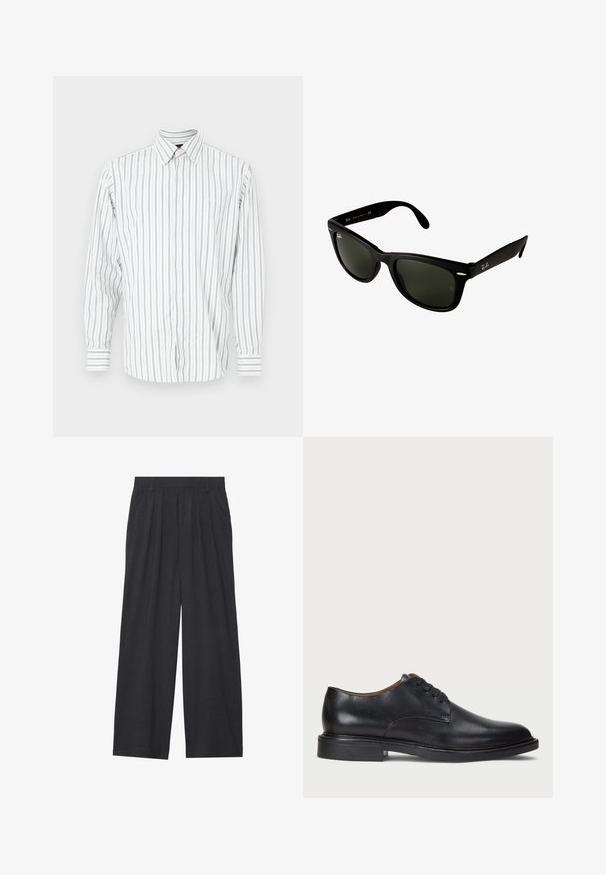 Mornarsko modra zip-up kapuca, izdelana iz mešanice bombaža, z obloženim robom, dvema sprednjima žepoma in rumenim potiskanim besedilom z dizajnom palme.; Moška srajca z dolgimi rokavi z gumbi, bela z svetlo modrimi in sivimi navpičnimi črtami, z klasičnim ovratnikom in enim žepom na prsih.; Bela dolga majica henley s tremi gumbi in okroglim izrezom, prikazana na enobarvni beli podlagi.; Široke hlače iz temno sive tkanine. Imajo nabore na pasu, prilagojen dizajn in ravno silhueto.; Črne usnjene oblečne čevlje s krožno konico, zavezovanje z vezalkami in nizko plastiko. Gladka tekstura z minimalnimi šivi.; Črne plastične sončna očala s temačno zelenimi lečami. Kvadratni okvir ima srebrne dodatke in embosirano logo na ušesih.