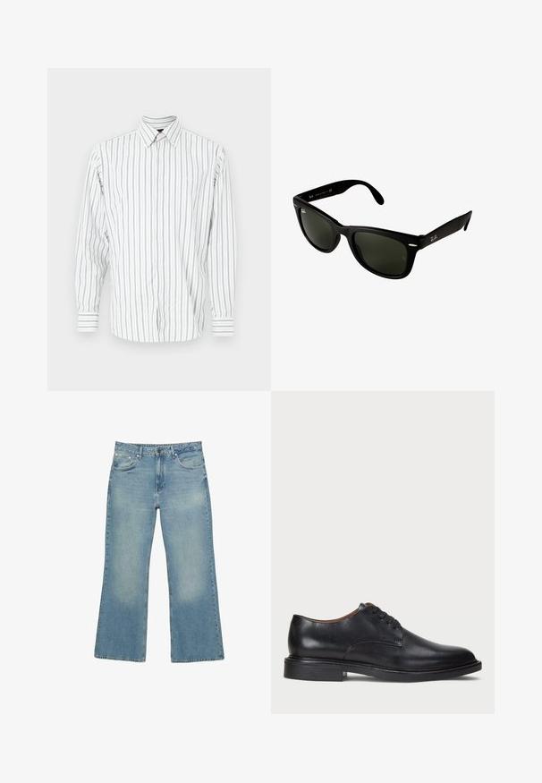 Námorníck blue zipsová mikina vyrobená z bavlnenej zmesi, s podšívkou kapucňou, dvoma prednými vreckami a žltým potlačeným textom s dizajnom palmy.; Pánska košeľa s dlhým rukávom na zapínanie na gombíky v bielej farbe s svetlomodrými a sivými vertikálnymi pruhmi, vybavená klasickým golierom a jedným náprsníkom.; Svetlomodré denimové nohavice s širokými nohavicami, piatimi vreckami, zapínaním na gombík a jemným opotrebovaním, so surovým lemom a pevným šitím.; Čierne kožené spoločenské topánky s okrúhlym špičkou, šnurovacím dizajnom a nízkym zloženým podpätkom. Hladký povrch s minimálnymi švovými detailmi.; Čierne plastové slnečné okuliare s tmavozelenými sklami. Tento štvorecový rám má strieborné akcenty a vyrazené logo na spánku.