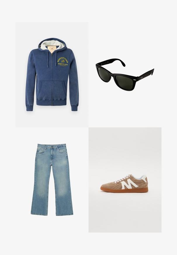 Sweat à capuche zippé bleu marine en mélange de coton, doté d'une capuche doublée, de deux poches avant et d'un texte imprimé jaune avec un design de palmier.; Chemise henley à manches longues blanche avec trois boutons et un col rond, présentée sur un fond blanc uni.; Jeans en denim bleu clair à jambes larges avec cinq poches, fermeture à bouton et décoloration subtil, présentant un ourlet brut et une couture solide.; Baskets à lacets avec une tige en daim marron, des accents en tissu blanc, un design matelassé et une semelle en caoutchouc marron. Présente un logo "M" bien visible.; Lunettes de soleil en plastique noir avec des verres vert foncé. La monture carrée présente des accents argentés et un logo en relief sur la branche.