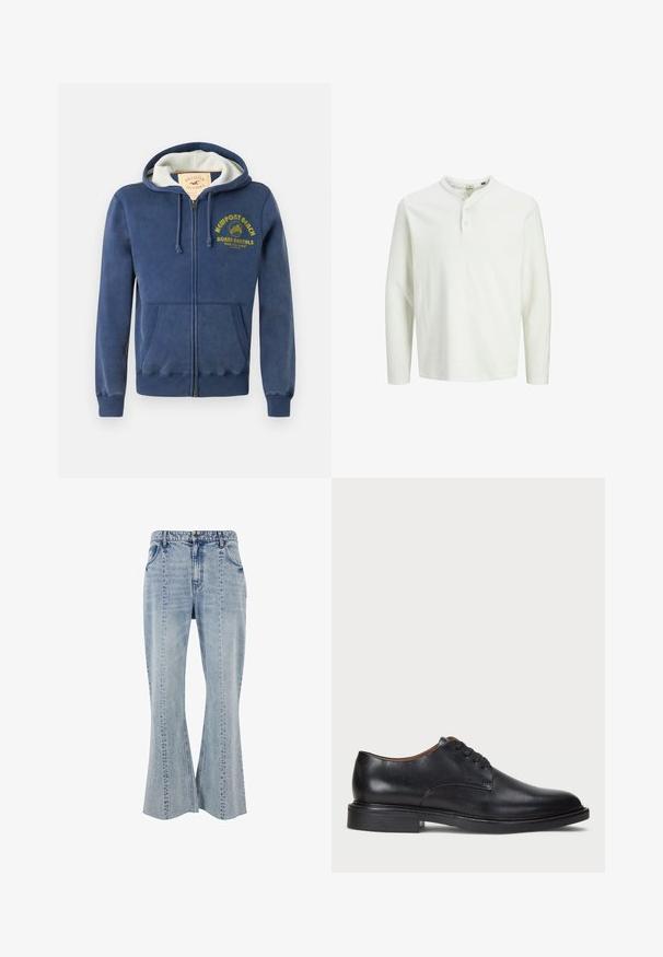 Granatowy, rozpinany hoodie wykonany z mieszanki bawełny, z podszewką kapuzy, dwoma przednimi kieszeniami oraz żółtym nadrukiem z motywem palmy.; Biała, długosajtowa koszula henley z trzema guzikami i okrągłym dekoltem, prezentowana na jednolitym białym tle.; Jasnoniebieskie dżinsy z flare z detalami przednich kieszeni, widocznym szyciem i paskiem z pętelkami. Klasyczny pięciokieszeniowy krój.; Czarne skórzane buty wizytowe z okrągłym noskiem, sznurowanym zapięciem i niskim, warstwowym obcasem. Gładka faktura z minimalnymi detalami stębnowania.