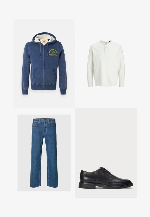 Hanorac navy cu fermoar, fabricat dintr-un amestec de bumbac, cu o glugă căptușită, două buzunare frontale și text imprimat galben cu un design de palmier.; Cămașă albă cu mâneci lungi tip henley, cu trei nasturi și guler rotund, expusă pe un fundal alb simplu.; Jeans din denim albastru cu un design cu picioare drepte, având cinci buzunare, închidere cu buton și detalii de cusătură vizibile.; Pantofle din piele neagră cu vârful rotund, design cu șireturi și toc jos stratificat. Textură netedă cu detalii de cusătură minime.