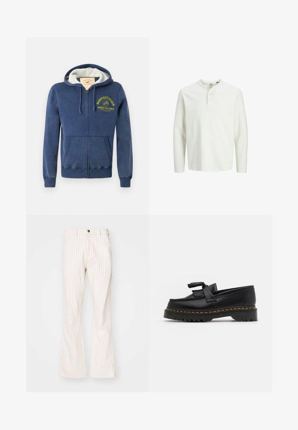 Granatowy, rozpinany hoodie wykonany z mieszanki bawełny, z podszewką kapuzy, dwoma przednimi kieszeniami oraz żółtym nadrukiem z motywem palmy.; Biała, długosajtowa koszula henley z trzema guzikami i okrągłym dekoltem, prezentowana na jednolitym białym tle.; Kremowe spodnie w stylu dzwonów z pionowymi czerwonymi prążkami, z zapięciem na guzik, bocznymi kieszeniami i gładkim, teksturowanym materiałem.; Czarny skórzany mokasyn z frędzelkowymi akcentami, z masywną czarną podeszwą i żółtym przeszyciem wzdłuż krawędzi. Teksturowane wykończenie.