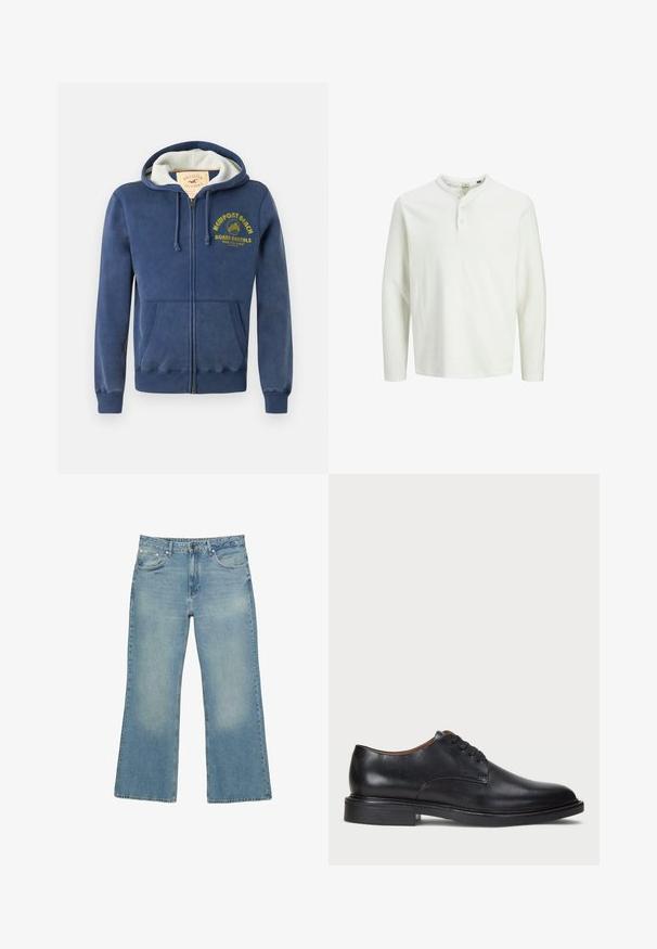 Hanorac navy cu fermoar, fabricat dintr-un amestec de bumbac, cu o glugă căptușită, două buzunare frontale și text imprimat galben cu un design de palmier.; Cămașă albă cu mâneci lungi tip henley, cu trei nasturi și guler rotund, expusă pe un fundal alb simplu.; Jeanși largi din denim de culoare albastru deschis, cu cinci buzunare, închidere cu nasture și o ușoară decolorare, având o margine brută și cusături rezistente.; Pantofle din piele neagră cu vârful rotund, design cu șireturi și toc jos stratificat. Textură netedă cu detalii de cusătură minime.