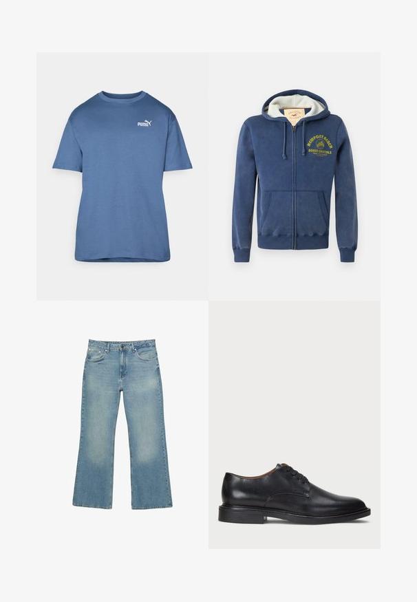 Marineblauwe ritshoodie gemaakt van een katoenmix, met een gevoerde capuchon, twee voorzakken en gele geprinte tekst met een palmbomenontwerp.; Blauwe katoenen T-shirt met korte mouwen, ronde hals en een wit Puma-logo op de linkerborst. Eenvoudig ontwerp, gladde textuur.; Lichtblauwe denim wijde jeans met vijf zakken, knoopsluiting en subtiele vervaging, met een ruwe zoom en stevige stiksels.; Zwart leren dresschoen met een ronde neus, vetersluiting en een lage gestapelde hak. Gladde textuur met minimale stiksels.