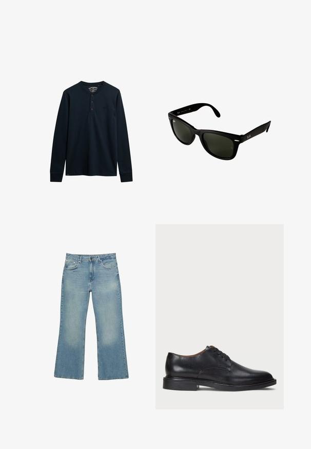 Navy blue zip-up hoodie made of cotton blend, featuring a lined hood, two front pockets, and yellow printed text with a palm tree design.; Navy long-sleeve henley shirt made of soft cotton, featuring a three-button placket, rounded hem, and small logo on the chest.; Light blue denim wide-leg jeans with five pockets, button closure, and subtle fading, featuring a raw hem and sturdy stitching.; Black leather dress shoe with a round toe, lace-up design, and a low stacked heel. Smooth texture with minimal stitching details.; Black plastic sunglasses with dark green lenses. Square frame design features silver accents and an embossed logo on the temple.