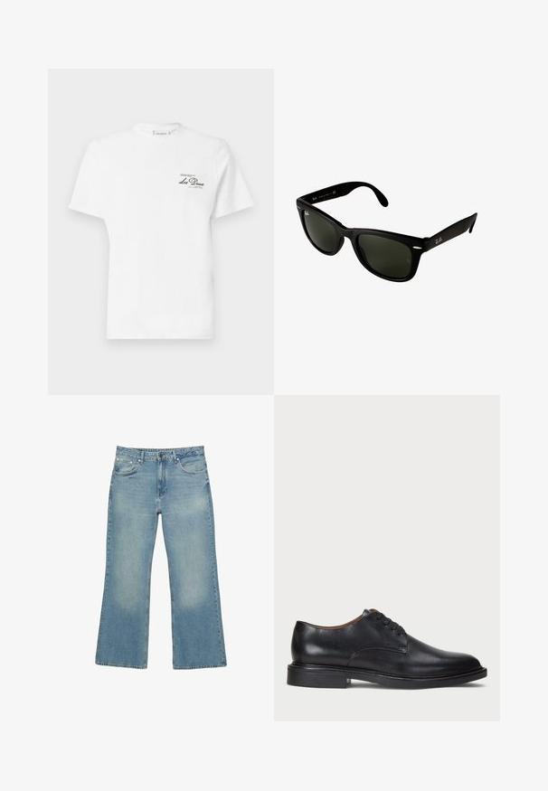 Mörkblå zip hoodie i bomullsmix, med foder i huvan, två framfickor och gul tryckt text med palmträdsmotiv.; Vit bomull t-shirt med rund hals, korta ärmar, med en liten svart tryckt logotyp på vänster bröst. Mjuk textur, vanlig passform.; Ljusblå denimbyxor med vida ben, fem fickor, knappstängning och subtila blekningar, med rå fåll och robust sömnad.; Svart läderklänningsko med rund tå, snörning och låg staplad klack. Slät yta med minimala sömdetaljer.; Svarta plastsolglasögon med mörkgröna linser. Fyrkantig ramdesign med silverdetaljer och en präglad logotyp på skalmen.
