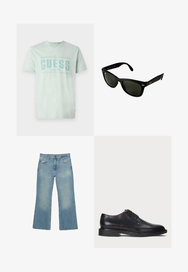 Marineblauwe ritshoodie gemaakt van een katoenmix, met een gevoerde capuchon, twee voorzakken en gele geprinte tekst met een palmbomenontwerp.; Licht muntgroene T-shirt van katoen. Kenmerkt zich door een ronde hals, korte mouwen en een voorzijde met grafische tekst: "GUESS AMERICAN TRADITION SINCE 1981."; Lichtblauwe denim wijde jeans met vijf zakken, knoopsluiting en subtiele vervaging, met een ruwe zoom en stevige stiksels.; Zwart leren dresschoen met een ronde neus, vetersluiting en een lage gestapelde hak. Gladde textuur met minimale stiksels.; Zwarte kunststof zonnebril met donkergroene lenzen. Het vierkante frameontwerp heeft zilveren accenten en een reliëflogo op de poot.