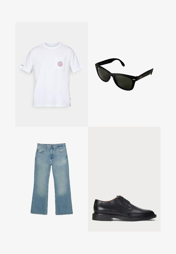 Marineblauwe ritshoodie gemaakt van een katoenmix, met een gevoerde capuchon, twee voorzakken en gele geprinte tekst met een palmbomenontwerp.; Witte katoenen T-shirt met een ronde hals, korte mouwen en een borstzak met een rood en blauw logo ontwerp. Standaard pasvorm.; Lichtblauwe denim wijde jeans met vijf zakken, knoopsluiting en subtiele vervaging, met een ruwe zoom en stevige stiksels.; Zwart leren dresschoen met een ronde neus, vetersluiting en een lage gestapelde hak. Gladde textuur met minimale stiksels.; Zwarte kunststof zonnebril met donkergroene lenzen. Het vierkante frameontwerp heeft zilveren accenten en een reliëflogo op de poot.