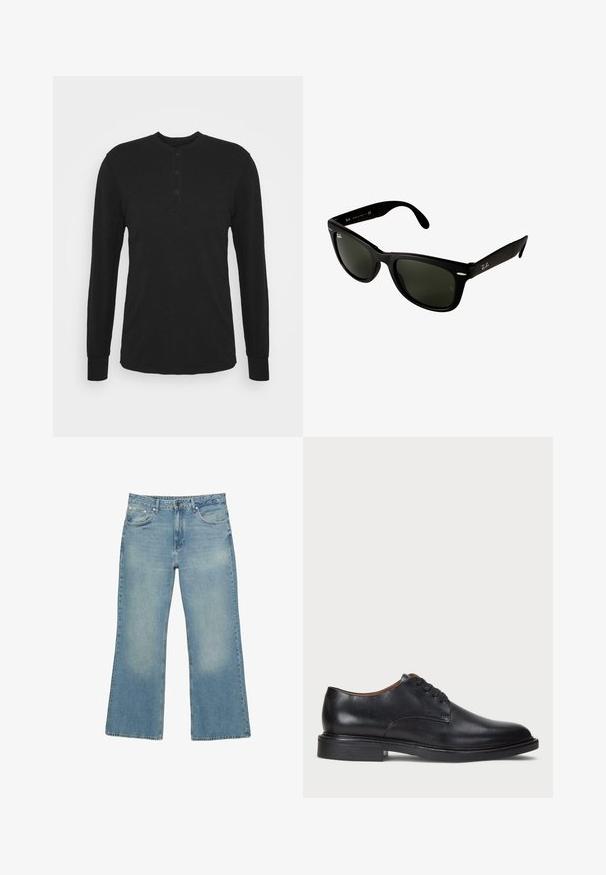 Tummansininen vetoketjullinen huppari, joka on valmistettu puuvillasekoitteesta. Huput on vuorattu, ja siinä on kaksi etutaskua sekä keltainen painettu teksti palmupuun kuvalla.; Mustan pitkähihaisen paidan, jossa on pyöreä kaula-aukko, kolmen napin lista ja istuvat läpät. Valmistettu pehmeästä kankaasta, jossa on sileä rakenne.; Vaalean siniset farkut leveällä lahkeella, joissa on viisi taskua, nappisuljenta ja hienovaraista haalistumista, sekä raaka helma ja kestävä ommel.; Musta nahkakenkä, jossa on pyöreä varvas, nauhakiinnitys ja matala tukipohja. Tasainen pinta, jossa on minimaalinen ommeltu yksityiskohta.; Mustikka muoviset aurinkolasit tummilla vihreillä linsseillä. Neliömäinen kehysornamentti, jossa on hopeiset yksityiskohdat ja kohokuvioitu logo ohjaimessa.