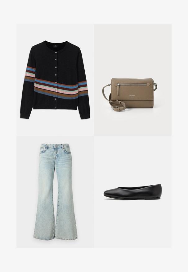 Black cardigan with a round neck, featuring multicolored horizontal stripes in varying widths and buttons down the front. Soft texture.; Light pink tank top made of soft, stretchy fabric. Features a round neckline and narrow shoulder straps, with a smooth texture and fitted shape.; Light blue flared jeans made from denim, featuring a high waist, pockets, and frayed hems. The fabric displays a faded wash and subtle texture.; Paul Smith TOPANGA - Ballet pumps - black; Taupe leather crossbody bag with a zippered front pocket, adjustable strap, pebble texture, and embossed logo on the front.
