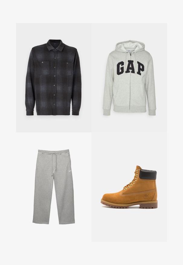 Sivá mikina na zips s prednou klokankou, s čiernym logom "GAP". Mäkká tkanina a nastaviteľná kapucňa so šnúrkou.; Košeľa s dlhým rukávom, čierna a tmavo šedá s károvaným vzorom, s dvoma náprsníkovými vreckami a klasickým golierom. Hladká textúra materiálu.; Biela tričko s krátkym rukávom vyrobené z bavlny, s okrúhlym výstrihom a voľným strihom. Hladká textúra, bez viditeľných vzorov alebo akcentov.; Sivé tepláky vyrobené z mäkkej tkaniny s elastickým pásom, nastaviteľnou šnúrkou v páse a bočnými vreckami. Obsahujú malé biele logo.; Tyrkysové semišové členkové topánky s čiernym polstrovaným golierom, zlatými kovovými očkami, bielym prešívaním a robustnou gumovou podrážkou s výraznými drážkami.