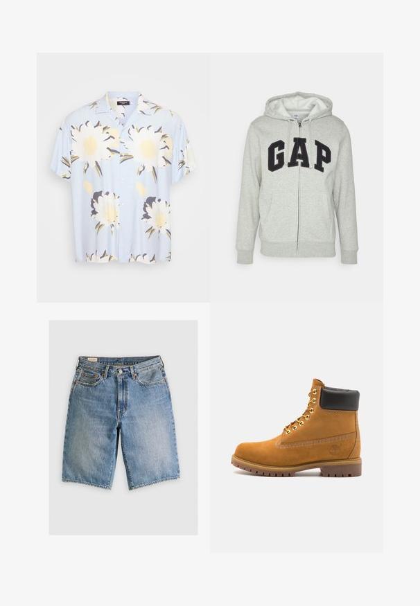 Moletom cinza com fecho, apresentando um bolso frontal tipo canguru e o logotipo "GAP" em preto. Tecido suave e capuz ajustável com cordão.; Camisa de manga curta azul-claro com grandes padrões florais brancos e amarelos, fecho com botões, colarinho clássico e corte descontraído.; Shorts de ganga em azul claro com um corte clássico. Apresenta cinco bolsos, costuras em laranja e acabamentos desfiados.; Botim de tornozelo em camurça bege com colarinho acolchoado preto, ilhós de metal dourado, detalhes de costura branca e sola de borracha robusta com sulcos pronunciados.