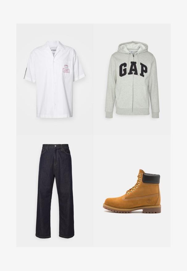 Grauer Reißverschluss-Hoodie mit einer vorderen Kängurutasche, ausgestattet mit einem schwarzen "GAP"-Logo. Weicher Stoff und verstellbare Kapuze mit Kordelzug.; Kurzärmliges weißes Hemd aus Baumwolle mit Knopfverschluss. Verfügt über eine Brusttasche mit einem roten Etikett und einem klassischen Kragen.; Dunkelblaue Jeans im geraden Schnitt mit gelben Nähten, Knopfverschluss, Reißverschluss und Fünf-Taschen-Design.; Beige Wildleder-Ankle-Boot mit schwarzem gepolstertem Kragen, goldenen Metallösen, weißen Nähdetalben und einer robusten Gummisohle mit ausgeprägtem Profil.