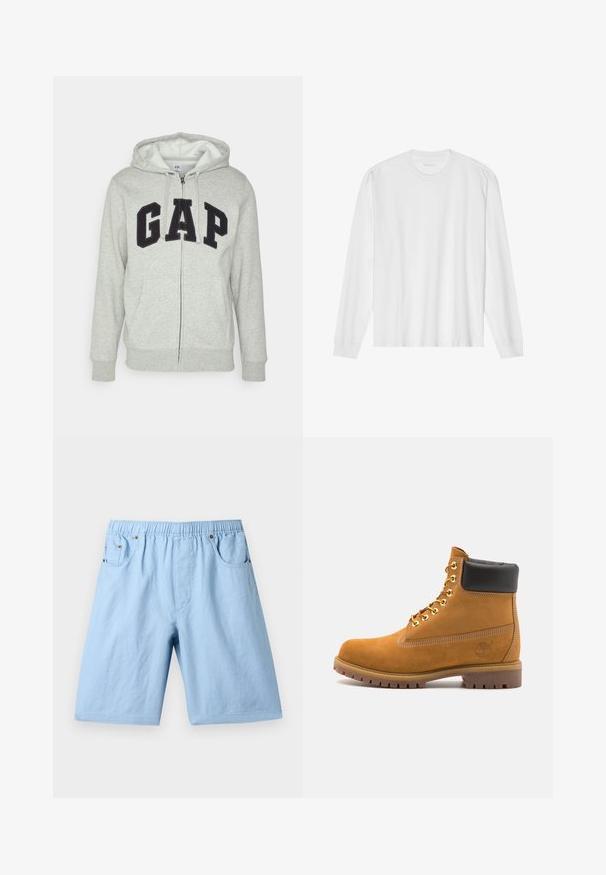 Pilka zip-up džemperis su priekiu kangaroo kišenėmis, su juodu "GAP" logotipu. Minkšta medžiaga ir reguliuojama raištelių kapuce.; Ilgos rankovės baltas medvilnės marškinėliai su apvaliu kaklu ir raukšlėtomis rankovėmis. Paprastas, be puošmenų dizainas, turintis lygią tekstūrą ir standartinę prigludimą.; Šviesiai mėlyni šortai su elastine juostele, dviem priekiniams kišenėms ir glotnia tekstūra. Pagaminti iš minkštos medžiagos, tinkantys kasdieniam dėvėjimui.; Tan spalvą turintys suknelės batus iki kulkšnies su juodu paminkštintu apvadu, auksiniais metaliniais akių užsegimais, baltais siūlų dekoratyviniais elementais ir tvirtu guminiu padu su ryškiai išreikštais raštais.