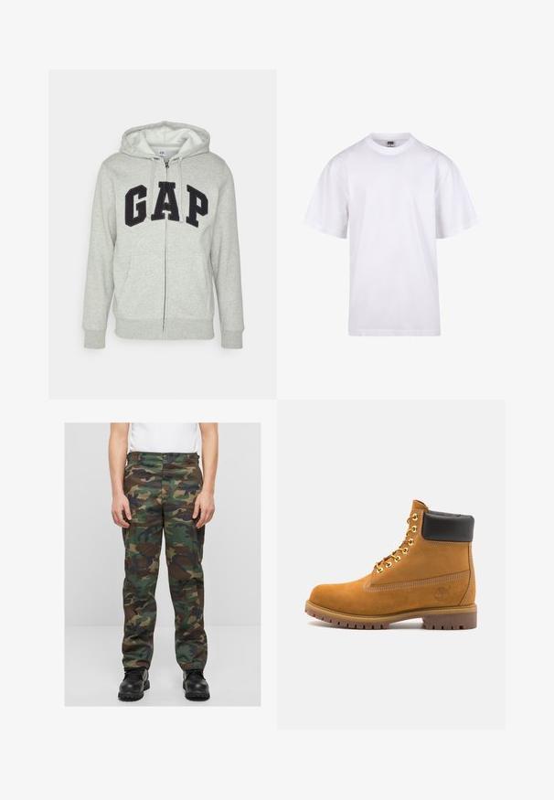 Sivi dukserica sa zatvaračem i prednjim kengur džepom, s crnim "GAP" logom. Mekana tkanina i kapuljača s podesivim vezicama.; Bijela pamučna majica s okruglim izrezom, kratkim rukavima i opuštenim krojem. Ima jednostavan dizajn bez uzoraka ili akcenta.; Kamikaze cargo hlače u zelenoj, smešnoj i crnoj boji. Izrađene od čvrstog materijala s udobnim krojem i bočnim džepovima. Imaju zatvaranje na dugme.; Antracitne antilop čizme do gležnjeva s crnim podstavljenim ovratnikom, zlatnim metalnim rupicama, bijelim šavovima i robusnom gumenom potplatom s izraženim šarama.
