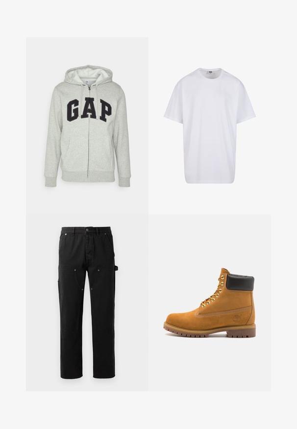 Pelēks zamšs kapuces jaku ar priekšējo kangoru kabatu, kurai ir melns "GAP" logo. Mīksts audums un regulējama pārvilkšanas kapuce.; Balta kokvilnas T-kreklu ar īsām piedurknēm, apaļu kakla izgriezumu, brīvu piegriezumu un bez redzamām logo vai rakstiem. Gluda tekstūra un minimālistisks dizains.; Melni kokvilnas bikses ar taisnu kāju dizainu, diviem priekšējiem kabatām, sānu noderīgo kabatu un spiedpogu detaļām.; Brūna zamša potīte ar melnu izšuvumu ap kaklu, zelta metāla acu caurumi, balta šuvju apdare un izturīgs gumijas zole ar izteiktu zīmējumu.