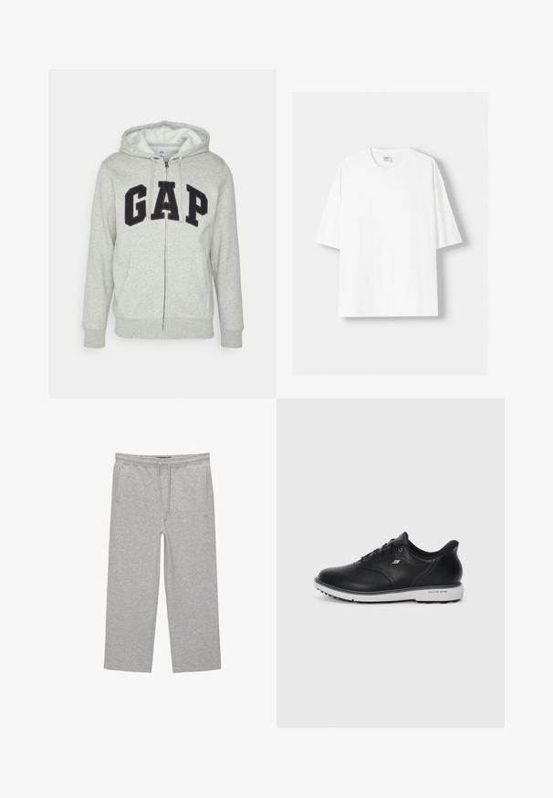 Grauer Reißverschluss-Hoodie mit einer vorderen Kängurutasche, ausgestattet mit einem schwarzen "GAP"-Logo. Weicher Stoff und verstellbare Kapuze mit Kordelzug.; Weißes kurzärmliges T-Shirt aus Baumwolle mit Rundhalsausschnitt und lockerer Passform. Glatte Textur, ohne sichtbare Muster oder Akzente.; Graue Baumwoll-Loungehosen mit elastischem Bund, Kordelzug und zwei seitlichen Taschen; gerader Schnitt, weiche Textur, ohne Muster.; Schwarze Leder Schnürsneaker von Skechers mit weißer Sohle, seitlichem Logo und strukturiertem Grip auf der Sohle vor einem schlichten hellen Hintergrund.