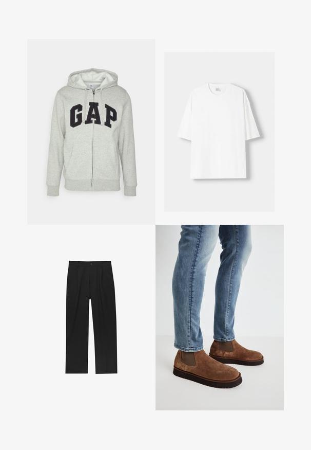 Haut zippé gris avec une poche kangourou à l'avant, arborant un logo "GAP" noir. Tissu doux et capuche avec cordon de serrage ajustable.; T-shirt blanc à manches courtes en coton, avec un col rond et une coupe décontractée. Texture lisse, sans motifs ni accents visibles.; Pantalons noirs au design droit, fabriqués à partir d'un tissu lisse. Dotés de plis sur le devant et d'une fermeture à un bouton à la taille.; Bottines en daim marron avec des panneaux latéraux élastiques, semelles en caoutchouc noir épais, associées à un jean slim bleu clair.