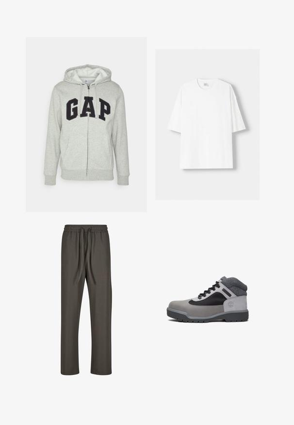 Šedá mikina s kapsou na klokanku a zipem, s černým logem "GAP". Měkká látka a nastavitelné stahovací kapuce.; Bílá krátkosrstá tričko s krátkým rukávem vyrobené z bavlny, se zaobleným výstřihem a volným střihem. Hladká textura, bez viditelných vzorů nebo akcentů.; Tmavě šedé, lehké kalhoty se stahovací šňůrkou, elastickým pasem, rovný střih a hladkou texturou. Vhodné na volný čas nebo lenošení.; Šedá a černá voděodolná turistická bota s polstrovaným členkovým límcem, černými šňůrkami a odolnou protiskluzovou podrážkou, boční pohled na bílém pozadí.