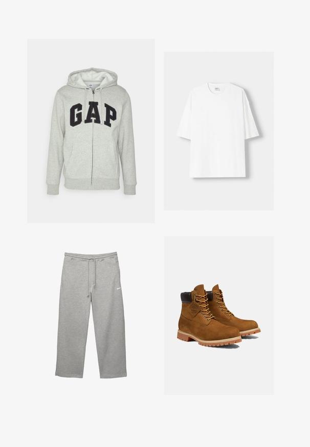Felpa grigia con zip e tasca a marsupio frontale, con il logo "GAP" in nero. Tessuto morbido e cappuccio regolabile con cordino.; T-shirt bianco a maniche corte realizzato in cotone, con scollatura rotonda e vestibilità rilassata. Texture liscia, senza motivi o dettagli visibili.; Pantaloni sportivi grigi realizzati in tessuto morbido, con vita elastica, cordoncino regolabile e tasche laterali. Presenta un piccolo logo bianco.; Stivali ankle in suede marrone con colletto imbottito nero, occhielli dorati e suola in gomma spessa con motivo a tasselli per una maggiore aderenza.