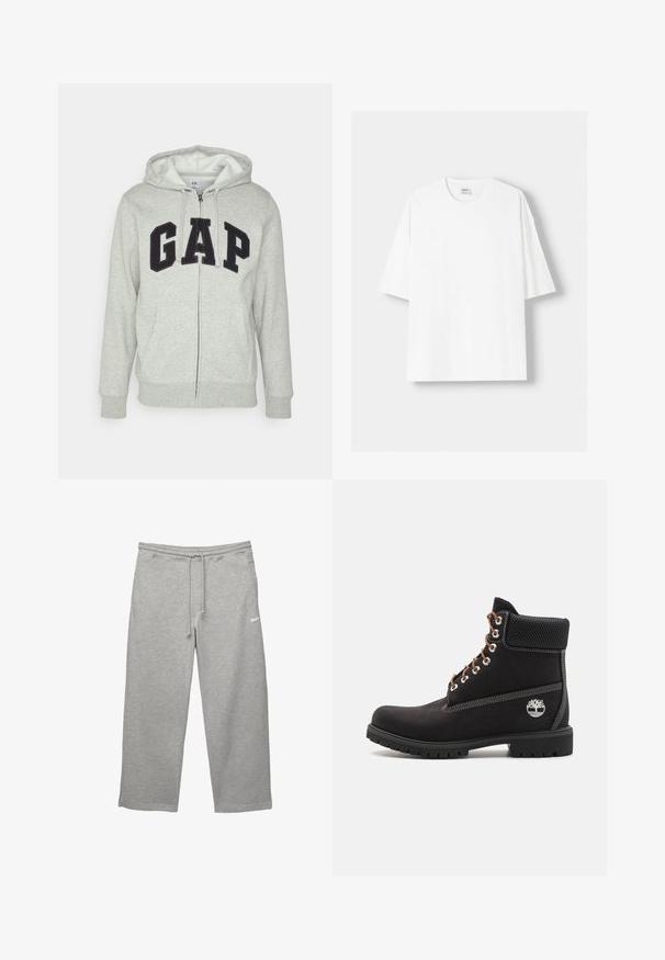 Hanorac gri cu fermoar, prevăzut cu o buză frontală tip kangur, având un logo negru "GAP". Material moale și glugă ajustabilă cu șnur.; Tricou alb cu mânecă scurtă, confecționat din bumbac, cu un decolteu rotund și o croială lejeră. Textură netedă, fără modele sau accente vizibile.; Pantaloni de trening gri dintr-un material moale, cu talie elastică, șnur ajustabil și buzunare laterale. Prezintă un mic logo alb.; Timberland Botine cu șireturi - black