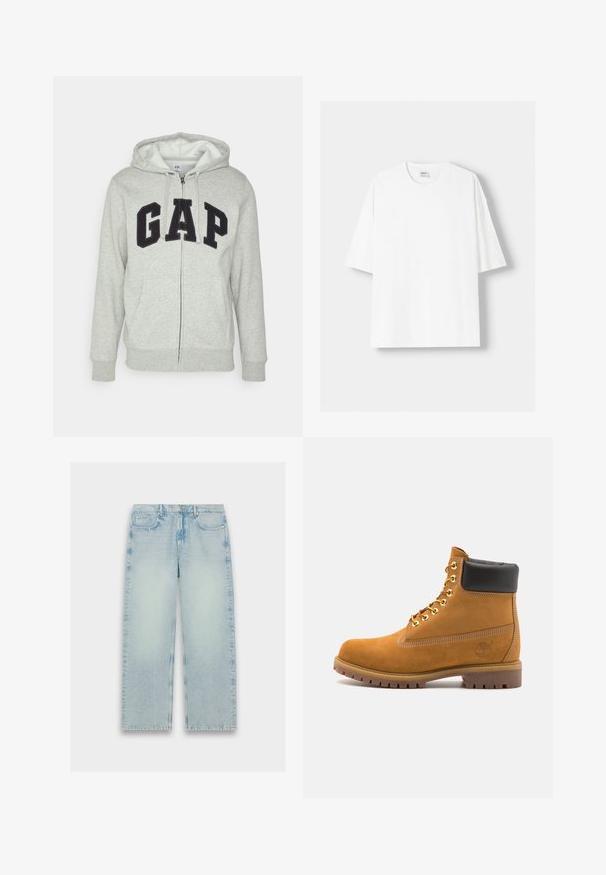 Hanorac gri cu fermoar, prevăzut cu o buză frontală tip kangur, având un logo negru "GAP". Material moale și glugă ajustabilă cu șnur.; Tricou alb cu mânecă scurtă, confecționat din bumbac, cu un decolteu rotund și o croială lejeră. Textură netedă, fără modele sau accente vizibile.; Jeanși din denim de culoare albastru deschis, cu talie înaltă, design cu picior drept, textură decolorată și stil clasic cu cinci buzunare.; Cizmă de gleznă din întoarsă de culoare bej, cu guler negru căptușit, ochiuri din metal auriu, detalii de cusătură albă și talpă din cauciuc robustă, cu un model pronunțat.