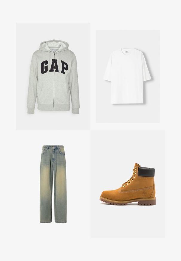 Sivi dukserica sa zatvaračem i prednjim kengur džepom, s crnim "GAP" logom. Mekana tkanina i kapuljača s podesivim vezicama.; Bijela kratkodlana majica s kratkim rukavima, izrađena od pamuka, s okruglim izrezom i opuštenim krojem. Gladak materijal, bez vidljivih uzoraka ili akcenta.; Svijetloplave traper široke hlače s izblijedjelim gradijentom, s pet džepova i klasičnom pucolacijom s petljama za remen.; Antracitne antilop čizme do gležnjeva s crnim podstavljenim ovratnikom, zlatnim metalnim rupicama, bijelim šavovima i robusnom gumenom potplatom s izraženim šarama.