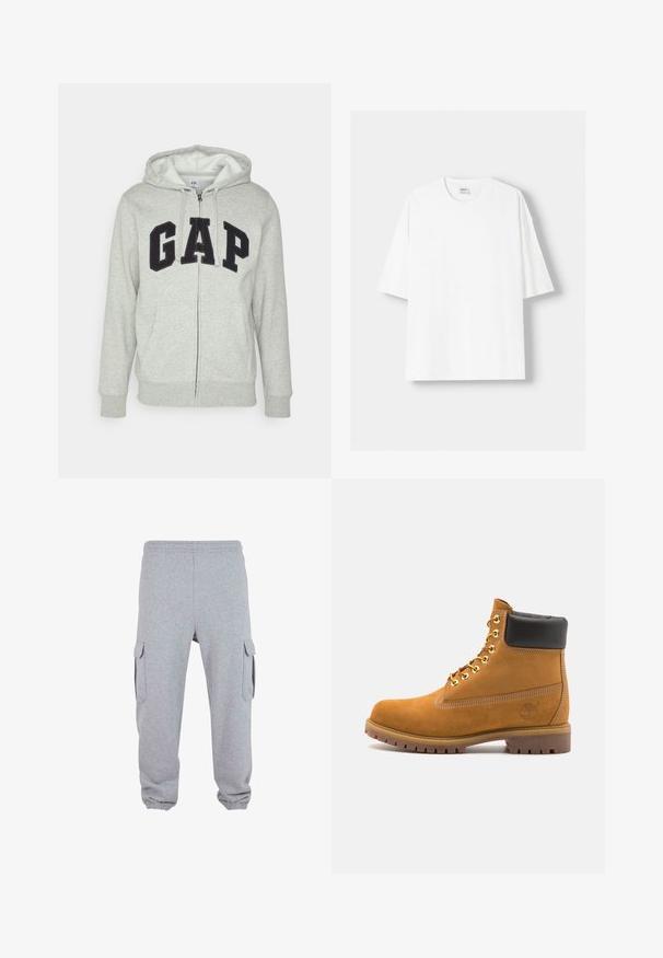 Siva zip-up kapuca z zadrgo s sprednjim kengurujskim žepom, s črnim logotipom "GAP". Mehak material in nastavljiva kapuca na vrvico.; Bela kratka majica s kratkimi rokavi iz bombaža, s krožnim izrezom in sproščenim krojem. Gladka tekstura, brez vidnih vzorcev ali poudarkov.; Sive hlače iz mehkega materiala z dvema stranskima žepoma, elastičnim pasom in elastičnimi manšetami na gležnjih.; Svetlo rjave anklne čizme iz semiša z črnim oblazinjenim ovratnikom, zlatimi kovinskimi očesci, belimi šivi in robustnim gumijastim podplatom s izrazitimi tredi.