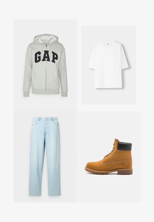 Harmaa vetoketjuhuppari, jossa on edessä kengurupussitasku ja musta "GAP"-logo. Pehmeää kangasta ja säädettävä nyöri hupparissa.; Valkoinen lyhythihainen t-paita, joka on valmistettu puuvillasta, ominaisuutenaan pyöreä pääntie ja rento istuvuus. Sileä pinta, ilman näkyviä kuvioita tai yksityiskohtia.; Vaaleansiniset, korkeavyötäröiset farkut, joissa on suora lahje, valmistettu denimistä, viidellä taskulla ja edessä nappikiinnitys.; Valkoinen nahkainen nilkkuri mustalla pehmustetulla kauluksella, kultaisilla metallisilla rei'illä, valkoisella ompeluksella ja jykevällä kumipohjalla, jossa on selvästi näkyvät urat.