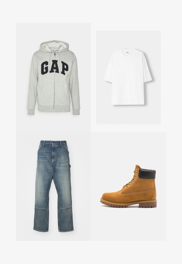 Sivá mikina na zips s prednou klokankou, s čiernym logom "GAP". Mäkká tkanina a nastaviteľná kapucňa so šnúrkou.; Biela tričko s krátkym rukávom vyrobené z bavlny, s okrúhlym výstrihom a voľným strihom. Hladká textúra, bez viditeľných vzorov alebo akcentov.; Svetlo modré džiny s voľným strihom, vyrobené z denimu. Majú široké nohavice, veľké predné vrecká a kontrastné švy.; Tyrkysové semišové členkové topánky s čiernym polstrovaným golierom, zlatými kovovými očkami, bielym prešívaním a robustnou gumovou podrážkou s výraznými drážkami.