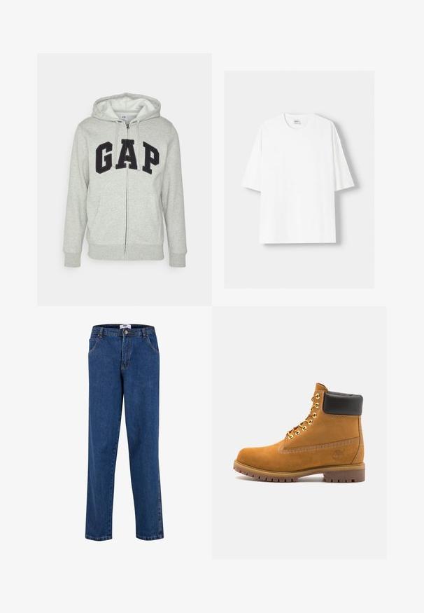 Grauer Reißverschluss-Hoodie mit einer vorderen Kängurutasche, ausgestattet mit einem schwarzen "GAP"-Logo. Weicher Stoff und verstellbare Kapuze mit Kordelzug.; Weißes kurzärmliges T-Shirt aus Baumwolle mit Rundhalsausschnitt und lockerer Passform. Glatte Textur, ohne sichtbare Muster oder Akzente.; Blaue Jeans aus Denim mit geradem Bein, ausgestattet mit einem Knopfverschluss, Vordertaschen und kontrastierenden Nähten entlang der Nähte.; Beige Wildleder-Ankle-Boot mit schwarzem gepolstertem Kragen, goldenen Metallösen, weißen Nähdetalben und einer robusten Gummisohle mit ausgeprägtem Profil.