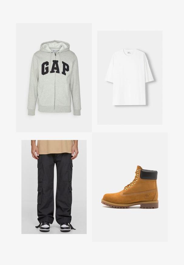 Grå zip-up hoodie med en front kangaroo-lomme, der har et sort "GAP" logo. Blødt stof og justerbar hætte med snor.; Hvid kortærmet T-shirt lavet af bomuld, med rund halsudskæring og en afslappet pasform. Glat tekstur, uden synlige mønstre eller detaljer.; Svarte cargo bukser lavet af bomuld, med flere sidelommer, en loose fit og justerbare snore ved anklerne. Kombineret med sorte og hvide sneakers.; Tan nubuck ankelstøvle med sort polstret krave, gyldne metaløjer, hvid syning detaljer og robust gummisål med udtalte slidbaner.