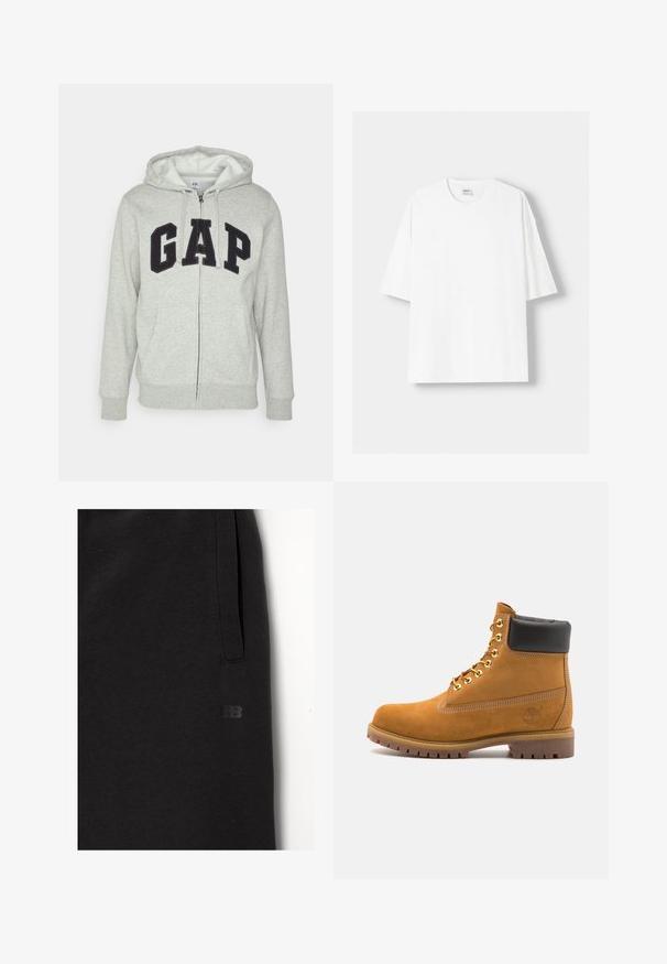 Sivá mikina na zips s prednou klokankou, s čiernym logom "GAP". Mäkká tkanina a nastaviteľná kapucňa so šnúrkou.; Biela tričko s krátkym rukávom vyrobené z bavlny, s okrúhlym výstrihom a voľným strihom. Hladká textúra, bez viditeľných vzorov alebo akcentov.; Čierne tepláky vyrobené z mäkkej tkaniny, s bočnou vreckom a malým, embosovaným logom. Rovný strih s hladkou textúrou.; Tyrkysové semišové členkové topánky s čiernym polstrovaným golierom, zlatými kovovými očkami, bielym prešívaním a robustnou gumovou podrážkou s výraznými drážkami.